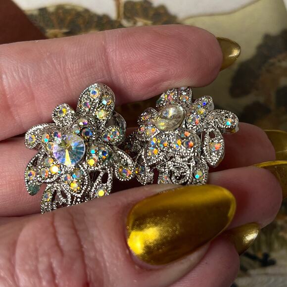 Vintage Silver Art Deco Clip Earrings with AB Stones - Picture 2 of 6